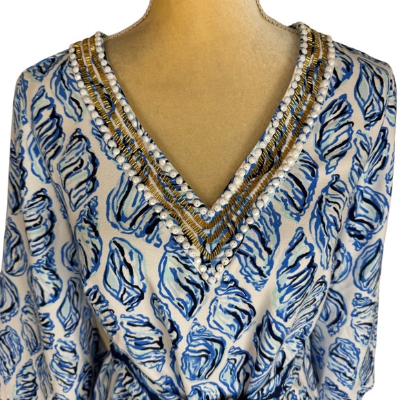 Lilly Pulitzer Resort White Kailen Top Drop In Blue Shells Embellished Tie Waist - Picture 4 of 13